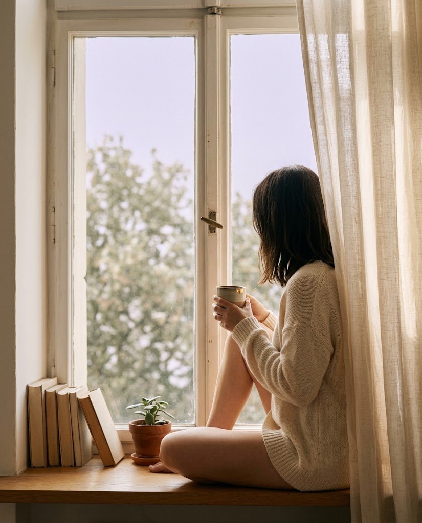 Frau mit Teetasse am hellen Altbaufenster