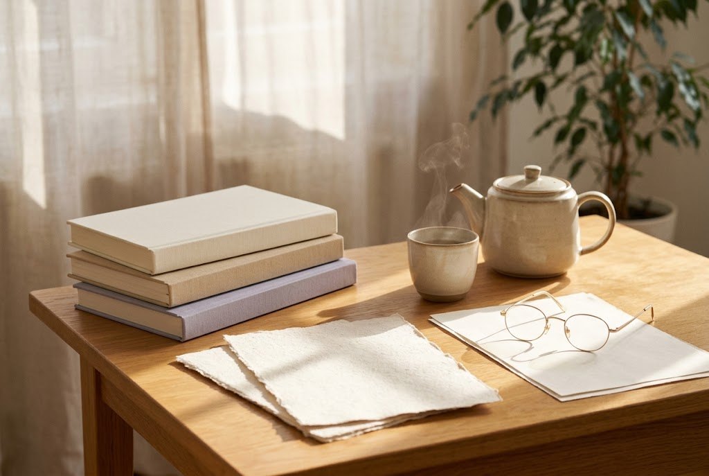 Bücher, Papier und Tee im Nachmittagslicht auf einem Holztisch