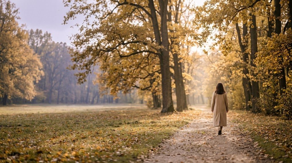 Spaziergang auf einem herbstlichen Parkweg im warmen Licht